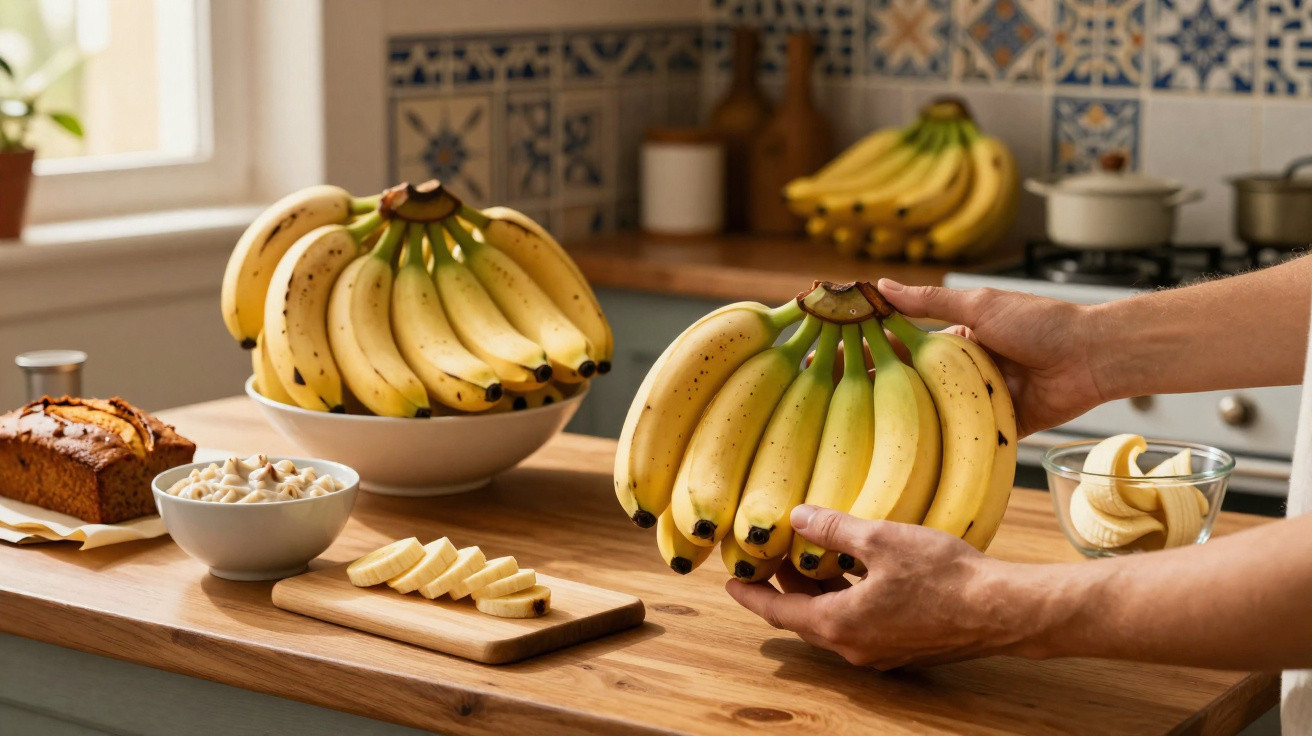 Person holding a large bunch of bananas on a kitchen counter with sliced bananas and banana bread nearby.