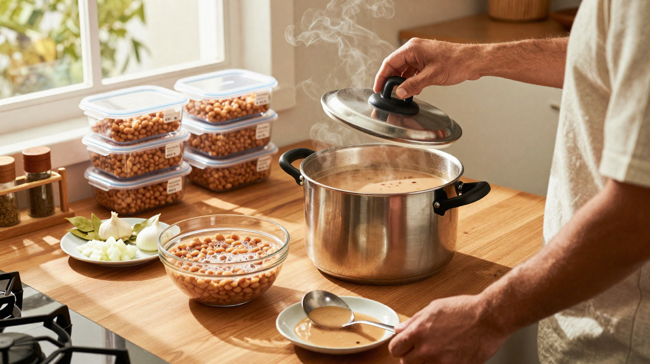 Person lifting lid off a steaming pot of cooking beans on a kitchen counter with ingredients nearby.