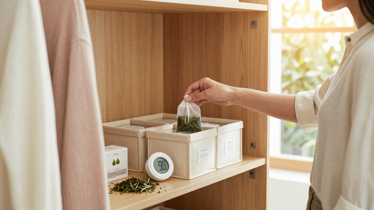 Person placing a tea bag into a fabric storage box on a wooden shelf with a humidity monitor nearby.