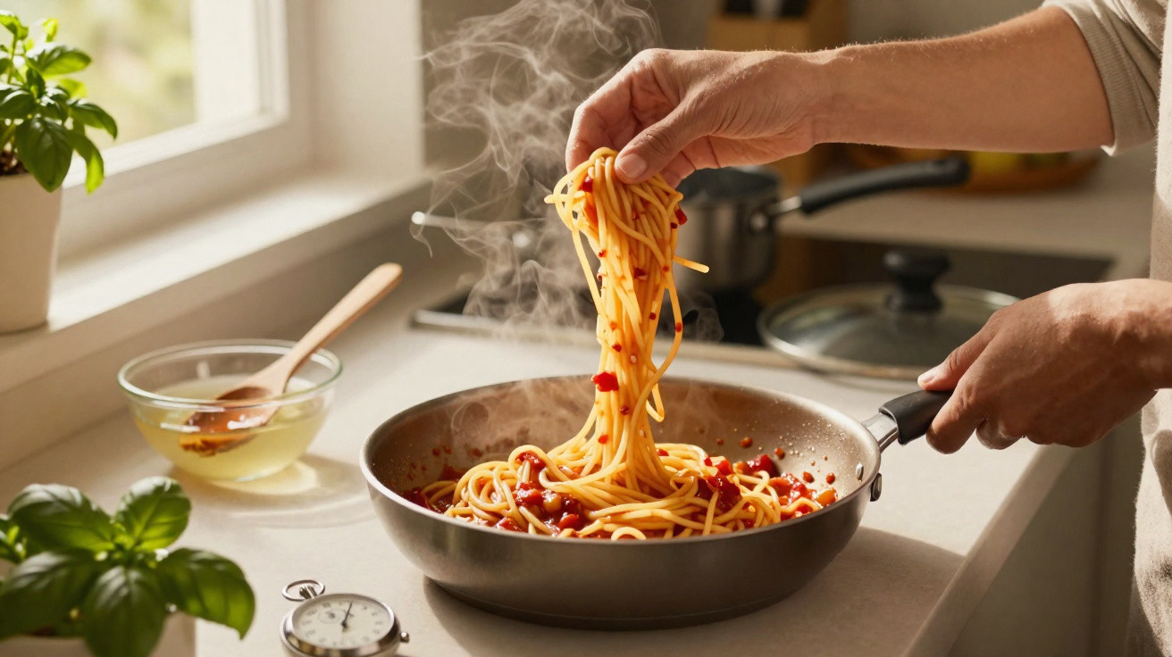 Hands lifting steaming spaghetti with tomato sauce from a frying pan in a sunlit kitchen.