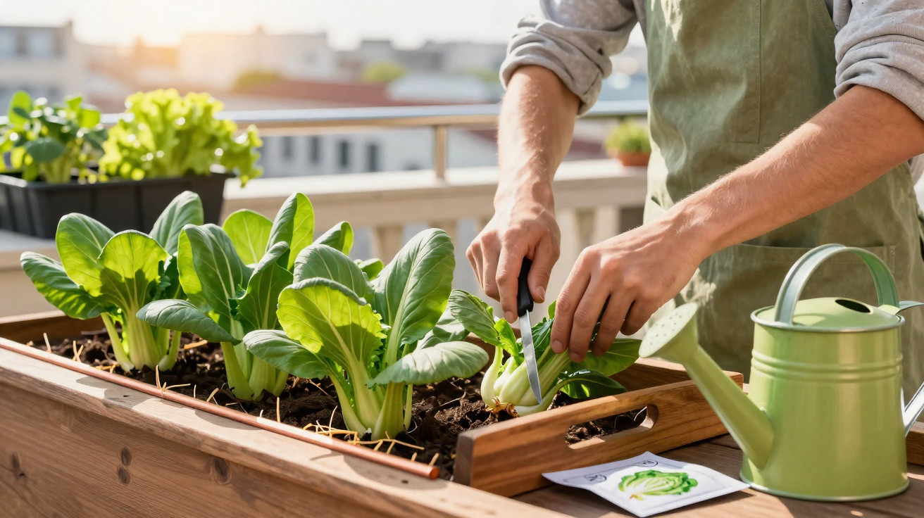 Person harvesting leafy greens from a wooden planter box on a balcony garden in sunlight.