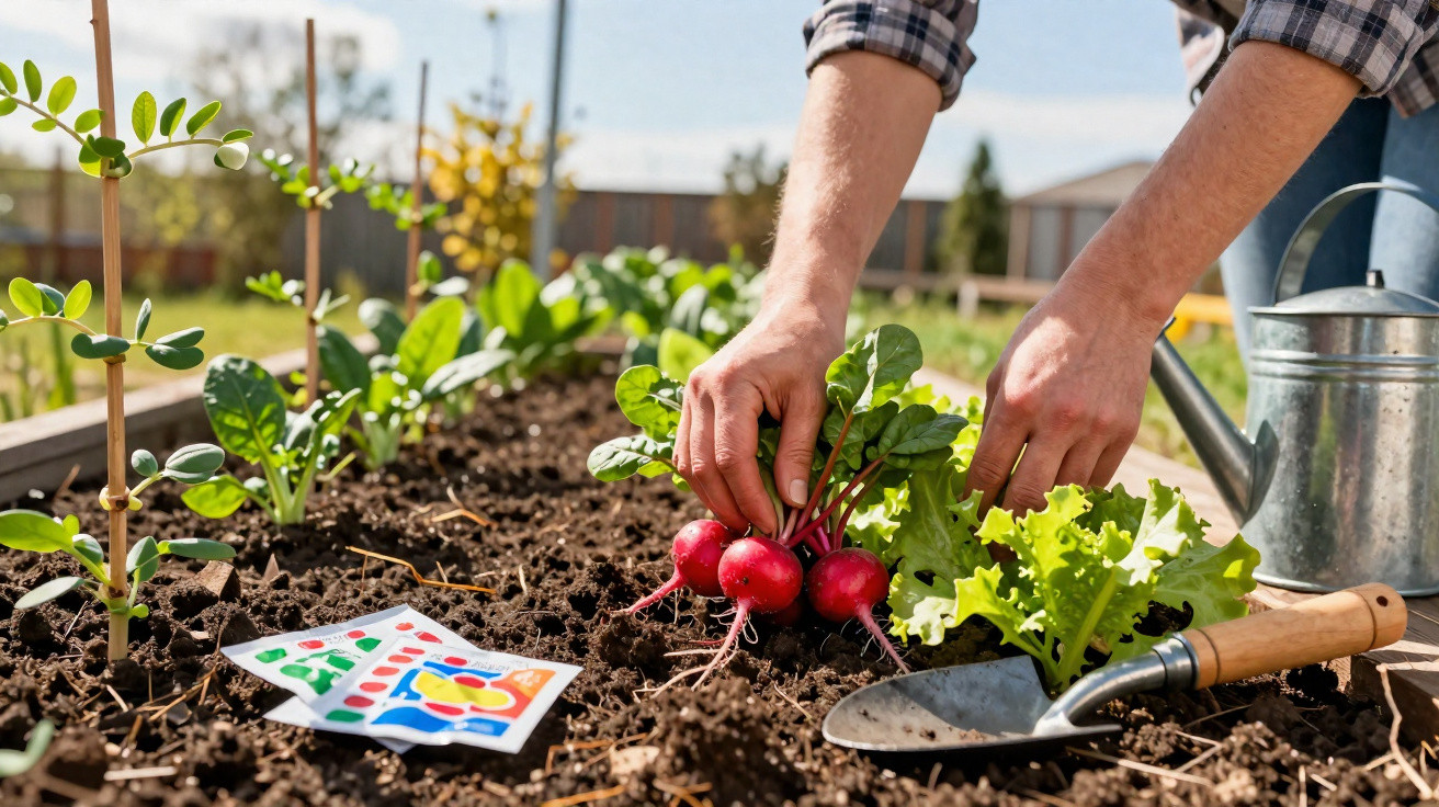 Hands harvesting fresh radishes and lettuce from a raised garden bed on a sunny day.