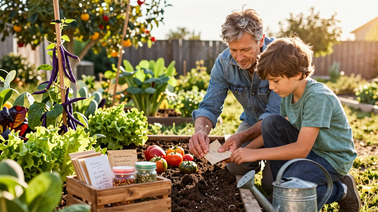 Older man and boy planting seeds together in a sunny garden with fresh vegetables nearby.