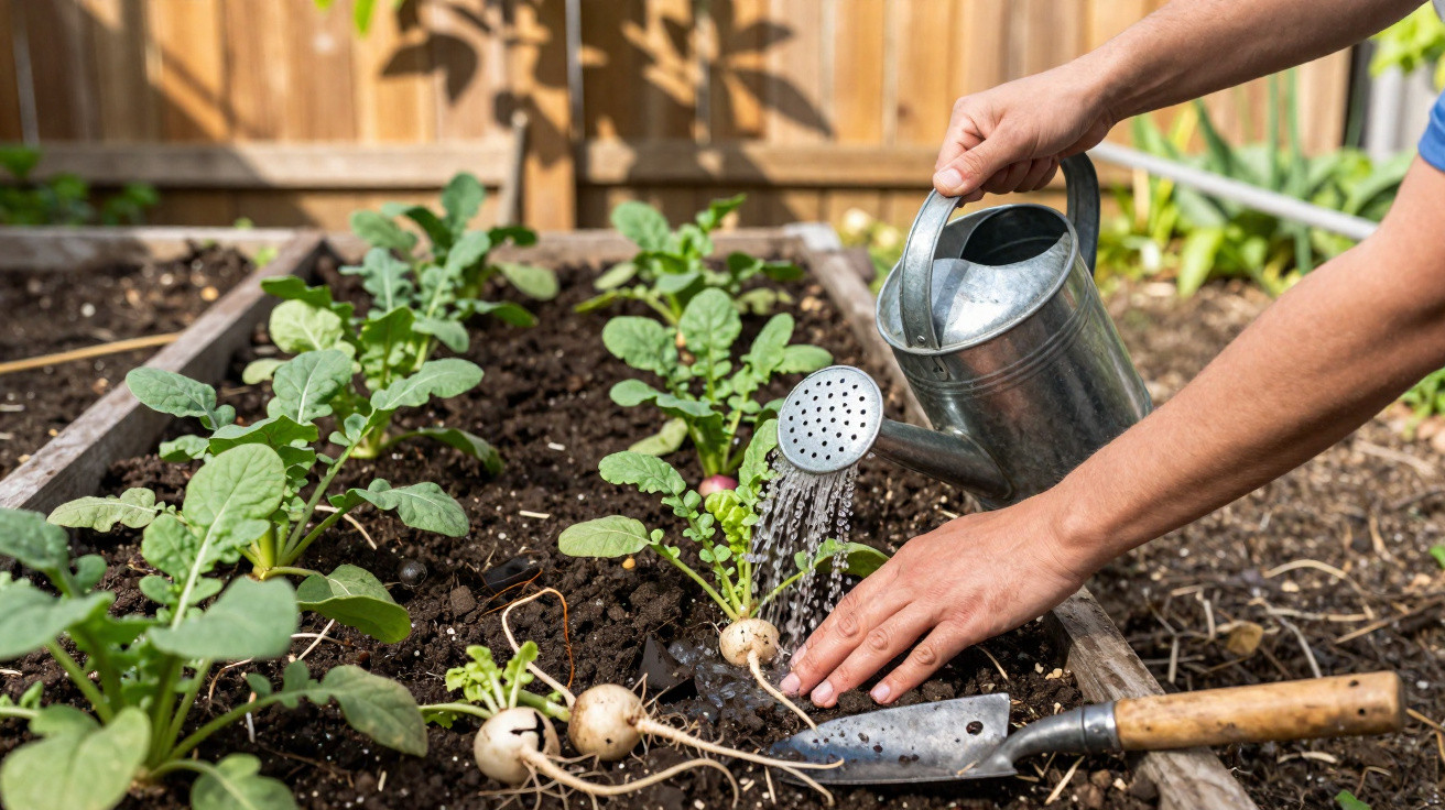 Hands watering radish plants in a raised garden bed using a metal watering can on a sunny day.
