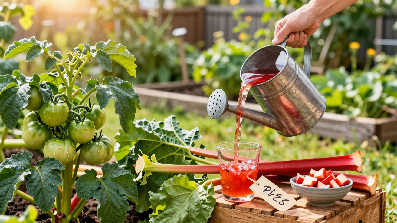 Hand pouring fresh rhubarb juice from a watering can into a glass in a garden with green tomatoes nearby.