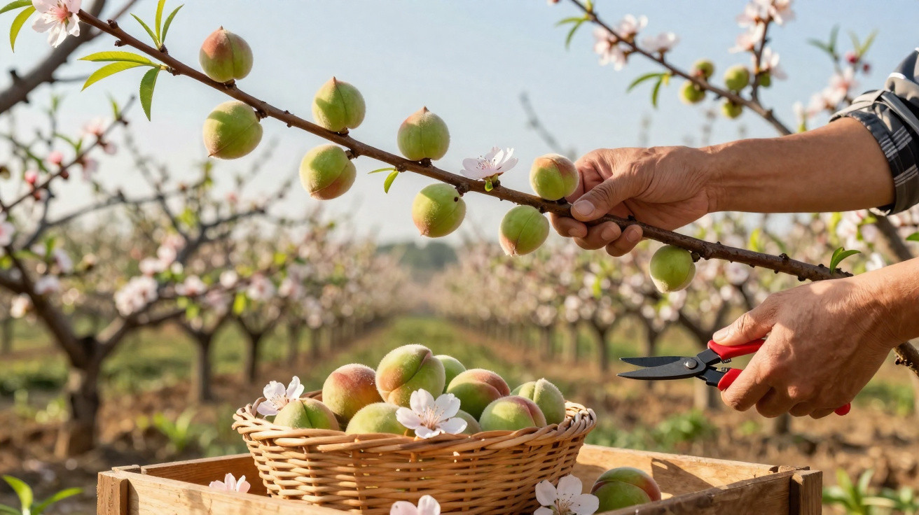Hands holding pruning shears cutting a peach branch over a basket of fresh peaches in an orchard.