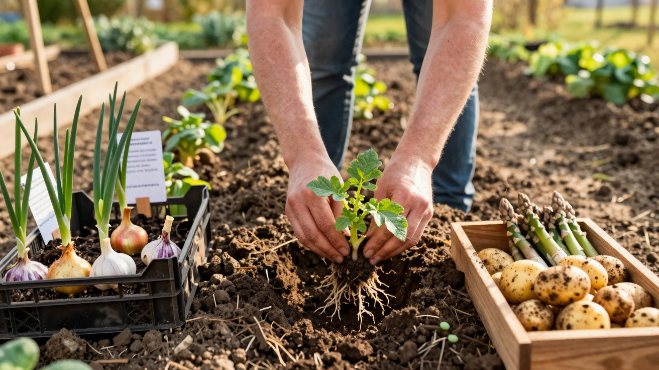 Person planting a seedling in soil with onions and fresh potatoes with asparagus nearby in garden beds.