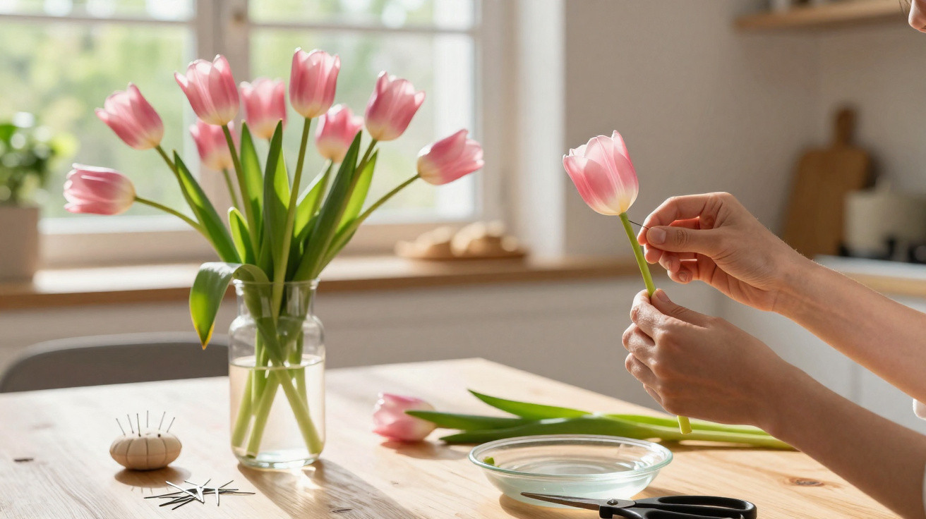 Hands arranging pink tulips in a glass vase on a wooden table in a bright kitchen.