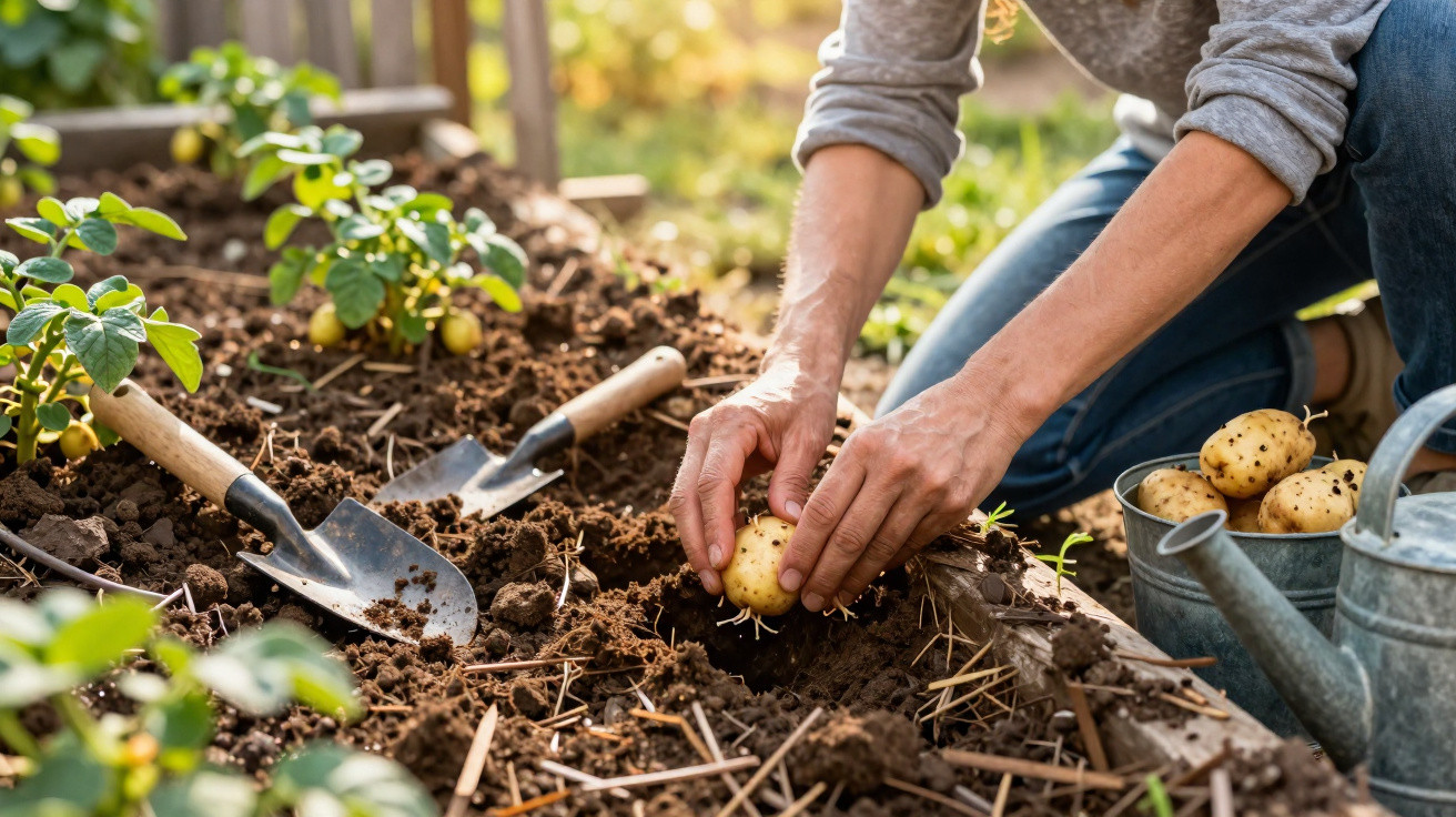 Person planting seed potatoes in a garden bed with spades, watering can, and young potato plants nearby.