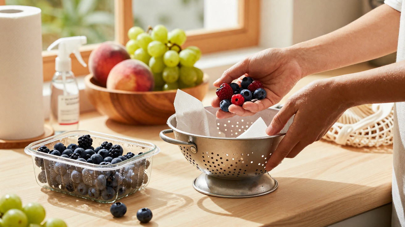 Hands rinsing mixed berries in a metal colander on a wooden kitchen countertop near fruit bowl.