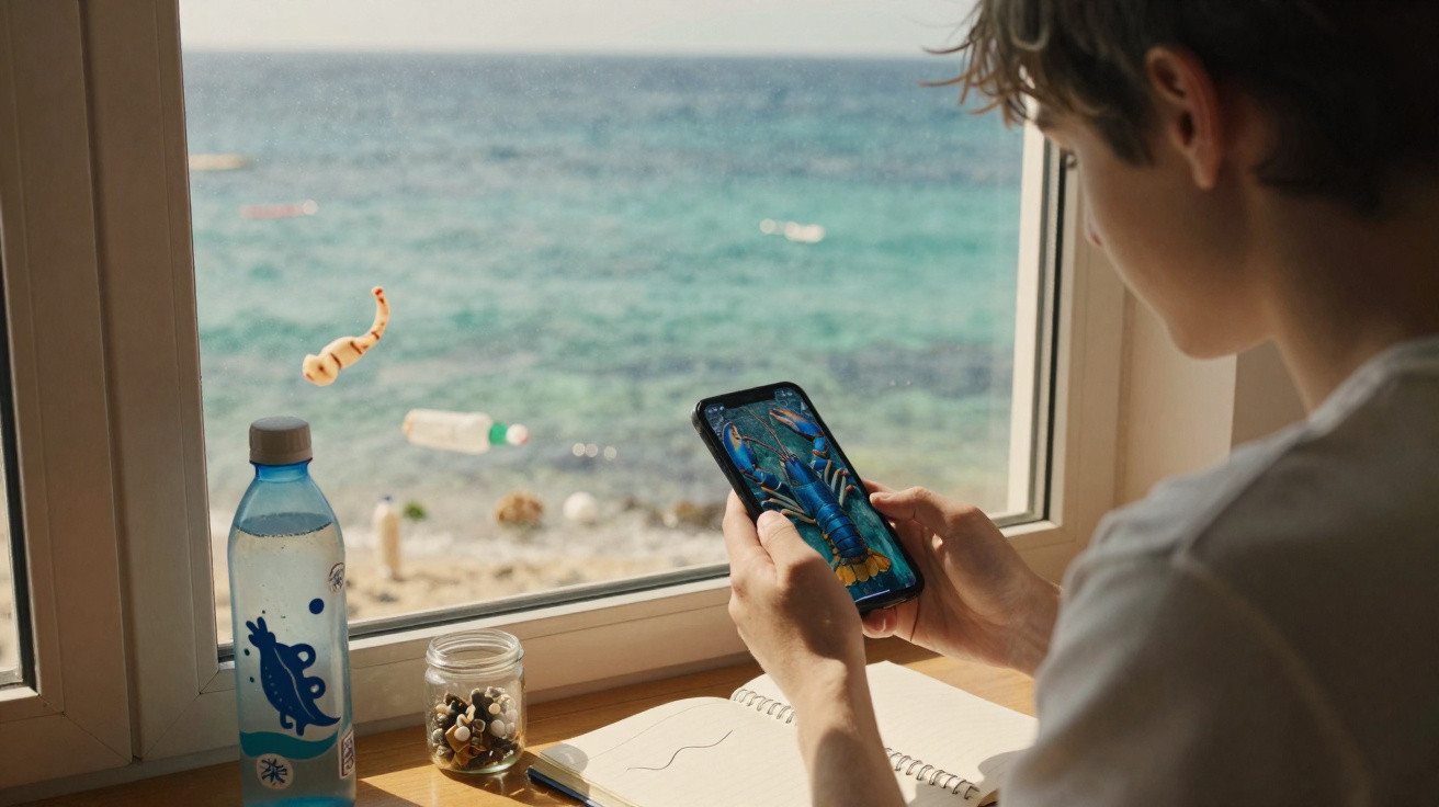 Person playing a lobster game on phone by a window overlooking a beach with ocean view and floating objects.