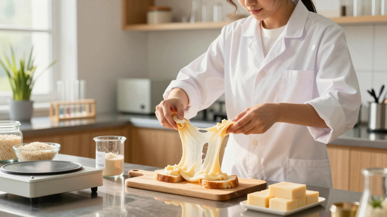 Person stretching melted cheese over two slices of bread on a cutting board in a modern kitchen.