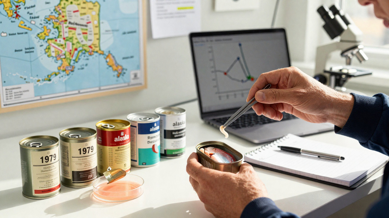 Scientist examining preserved fish in a tin with tweezers at a desk with cans, map, and laptop.