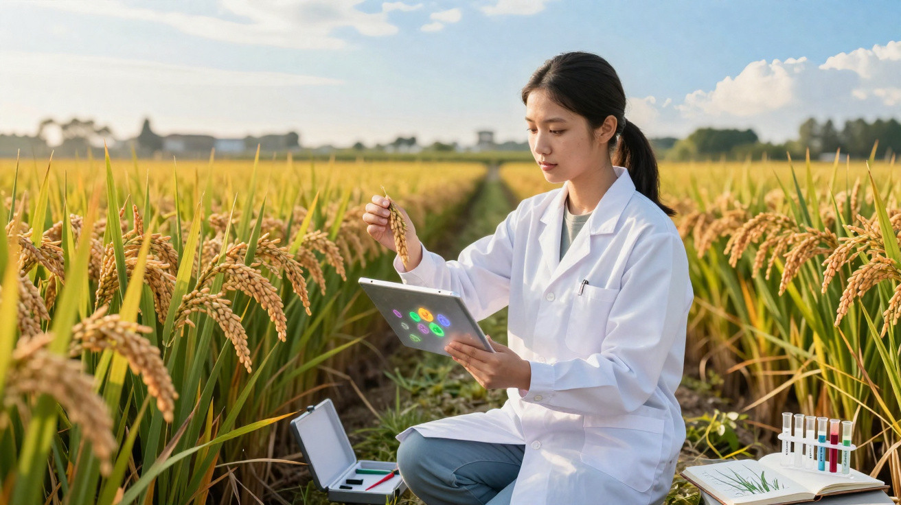 Scientist in white lab coat analysing rice crops in a field using a tablet and samples for research.
