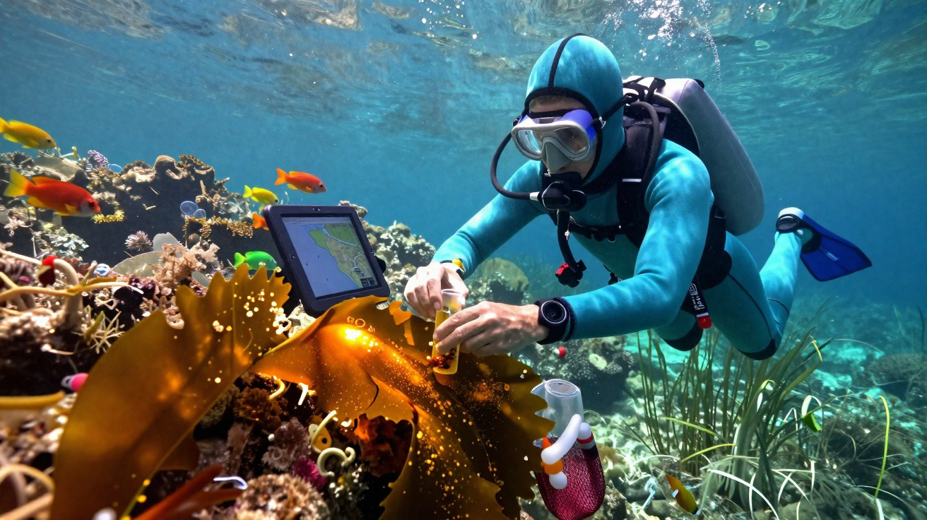 Scuba diver in wetsuit collecting samples from coral reef surrounded by tropical fish and underwater plants.