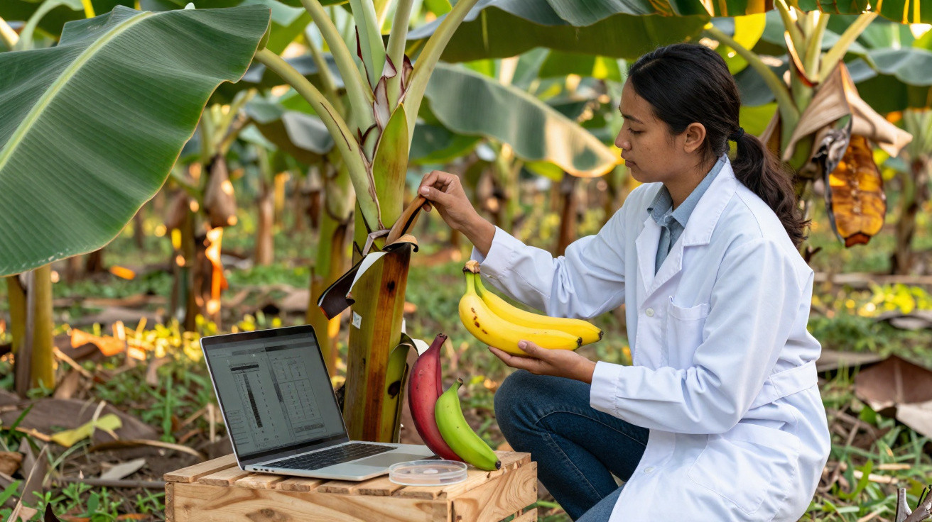 Scientist in white coat examining bananas in plantation with laptop and samples on wooden crate.