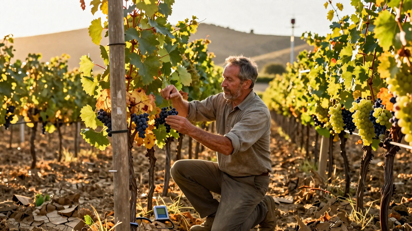 Man kneeling in vineyard inspecting dark grape clusters on vine during golden hour sunlight