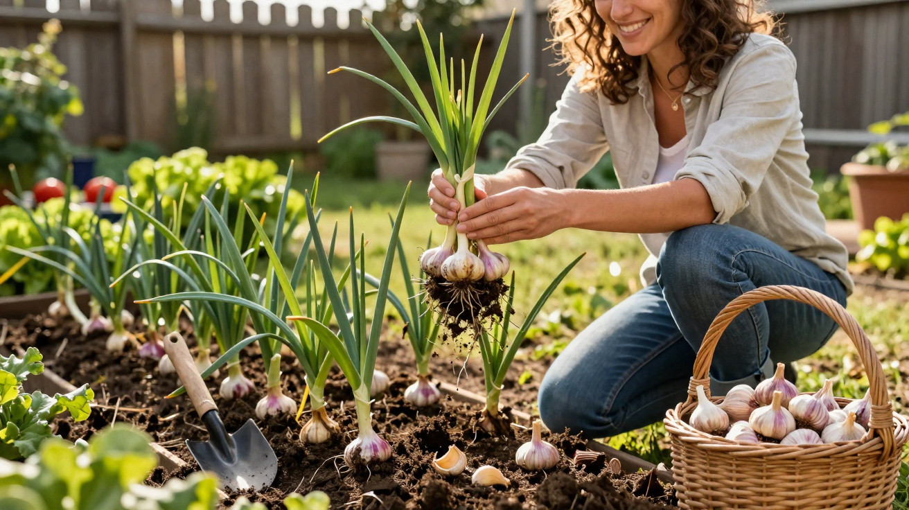 Woman harvesting fresh garlic bulbs in a garden, placing them in a wicker basket on the soil.