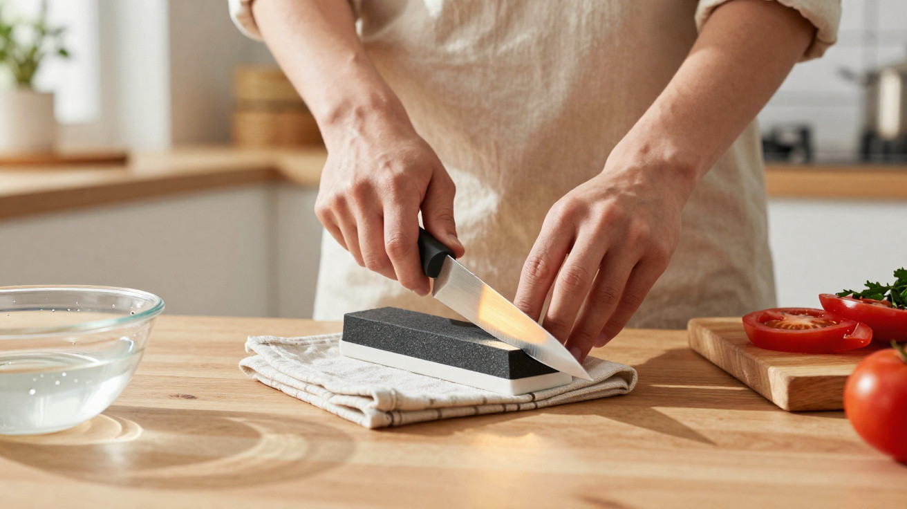 Person sharpening a kitchen knife on a whetstone on a wooden counter with tomatoes nearby