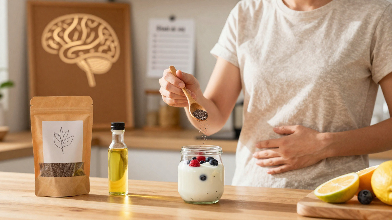 Person sprinkling chia seeds into a jar of yogurt with berries on a kitchen counter.