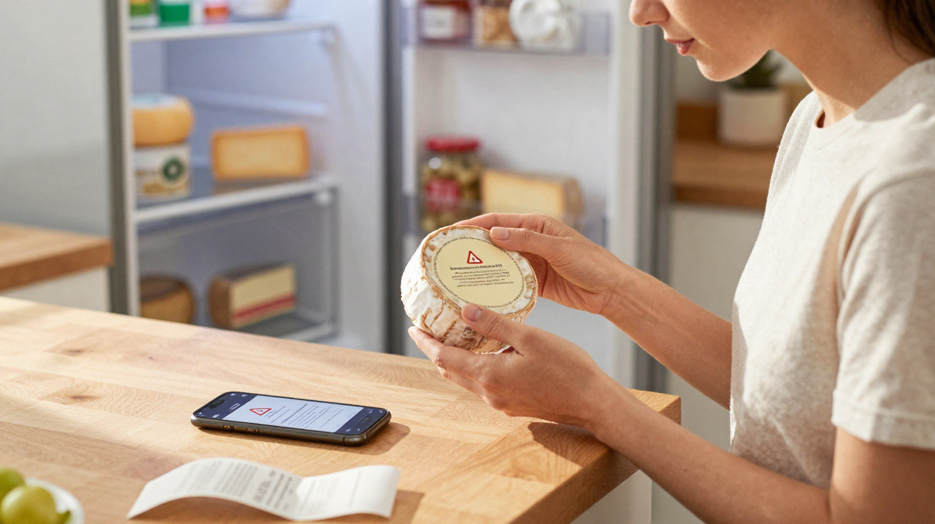 Person reading the label of a cheese wheel in a kitchen, with a smartphone and receipt on the table.