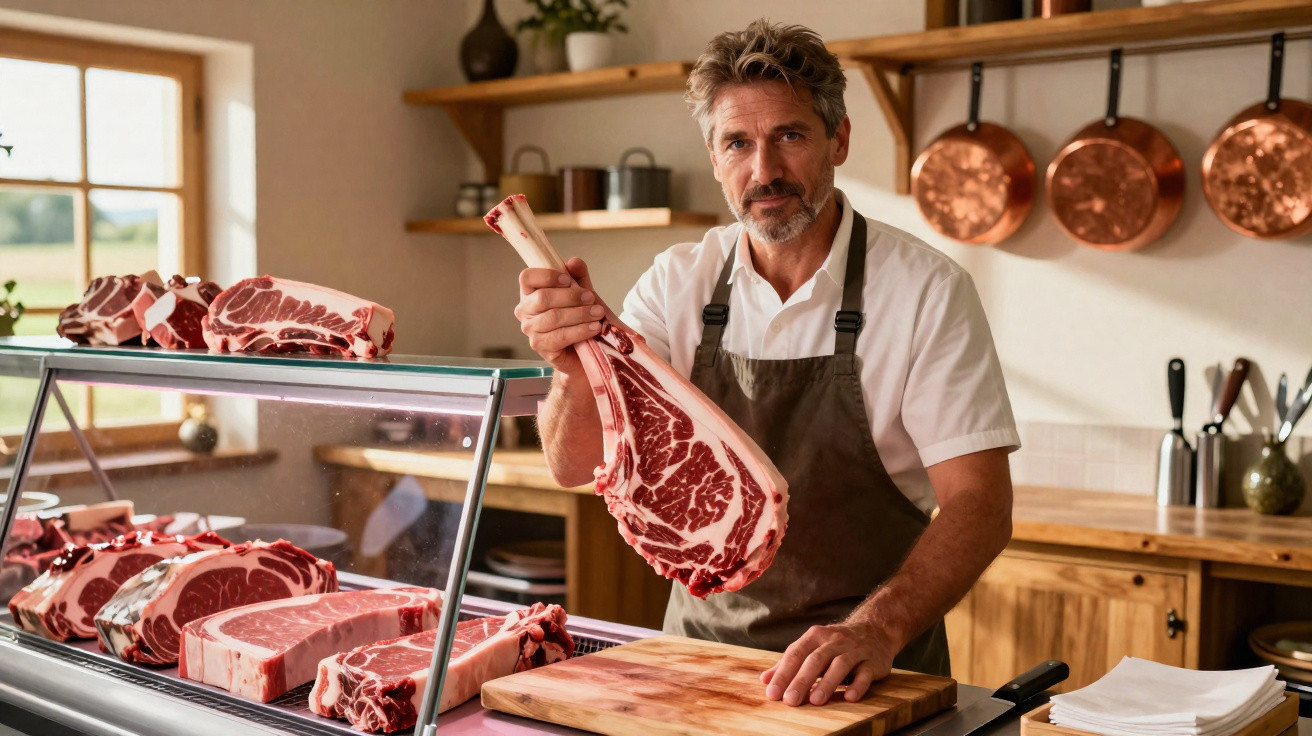 Butcher in apron holding a large raw tomahawk steak behind a display of various cuts of meat in a shop.