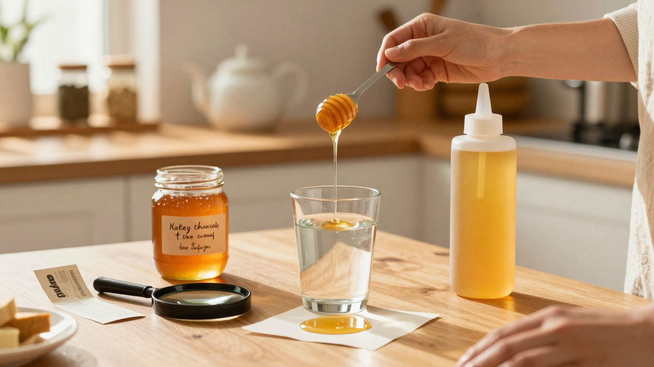 Hand pouring honey from a dipper into a glass of water on a kitchen countertop with honey jars nearby.