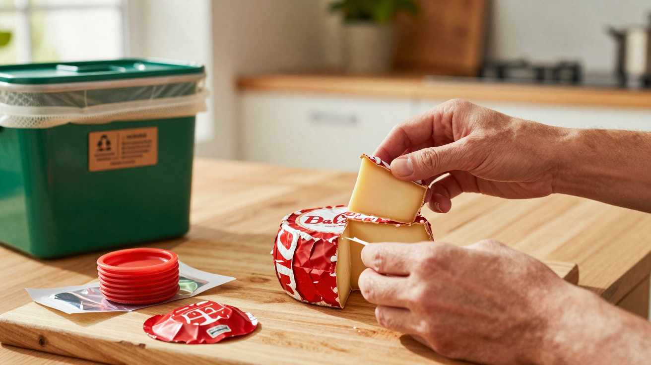 Hands unwrapping a small round of soft cheese on a wooden chopping board in a kitchen.
