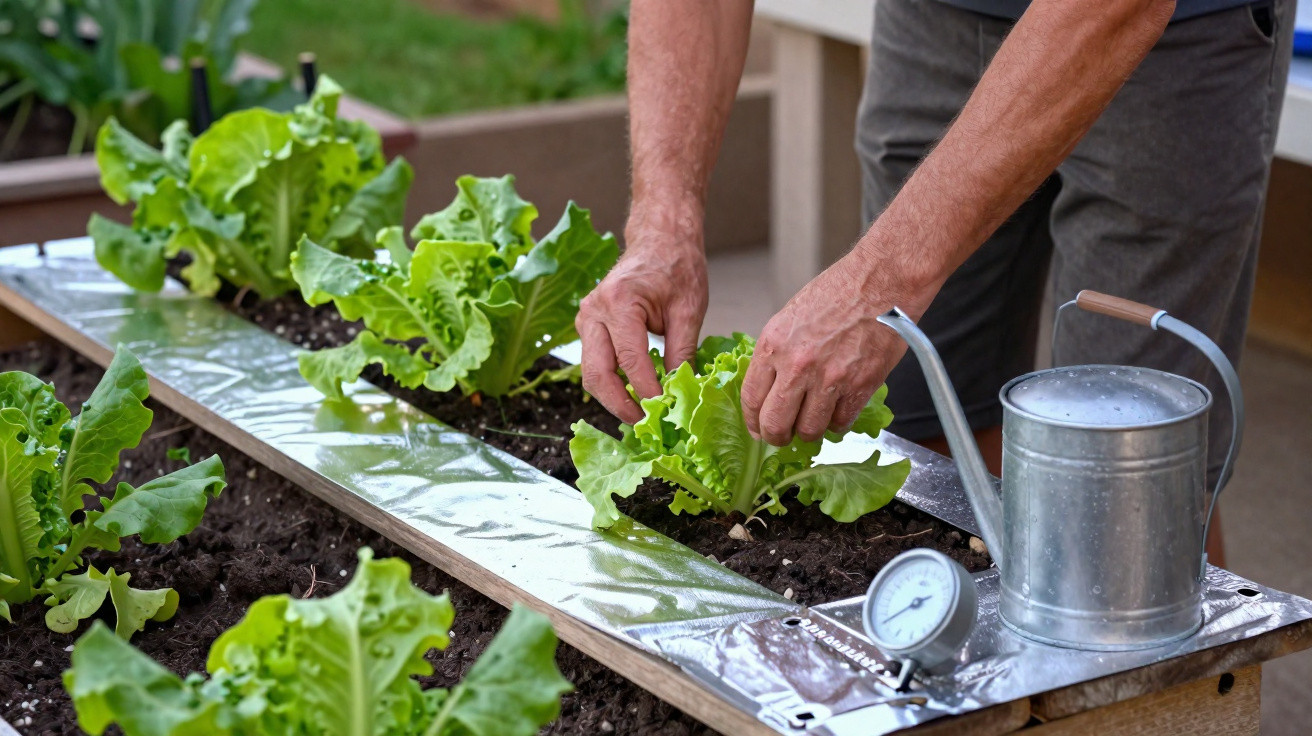 Hands tending leafy green lettuce plants in a raised garden bed with a watering can nearby