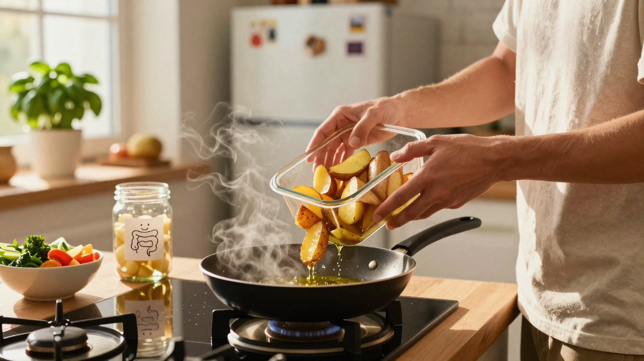 Person pouring sliced potatoes into a frying pan on a gas stove in a bright kitchen.