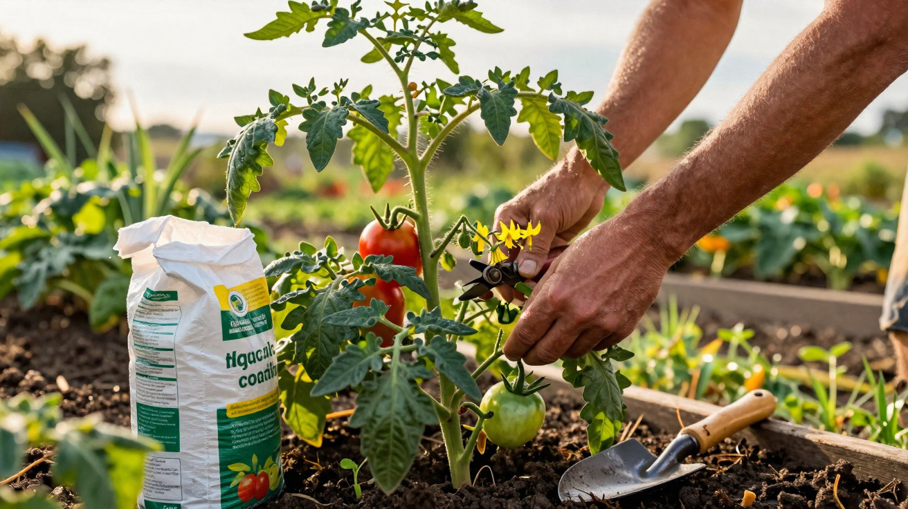 Hands pruning a tomato plant in a garden bed with gardening tools and fertilizer nearby.