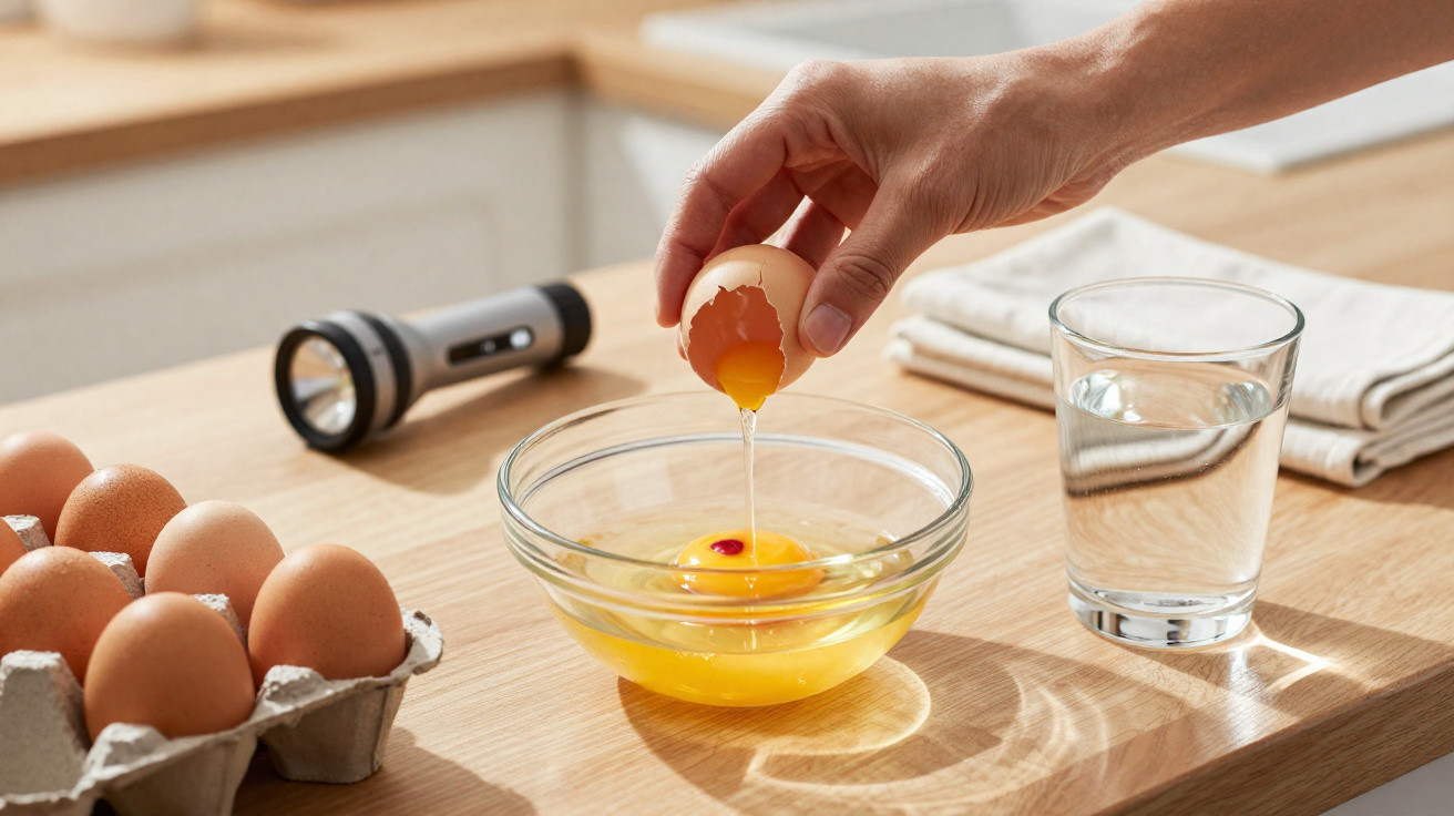 Hand cracking an egg into a glass bowl on a wooden kitchen counter with a glass of water and torch nearby.