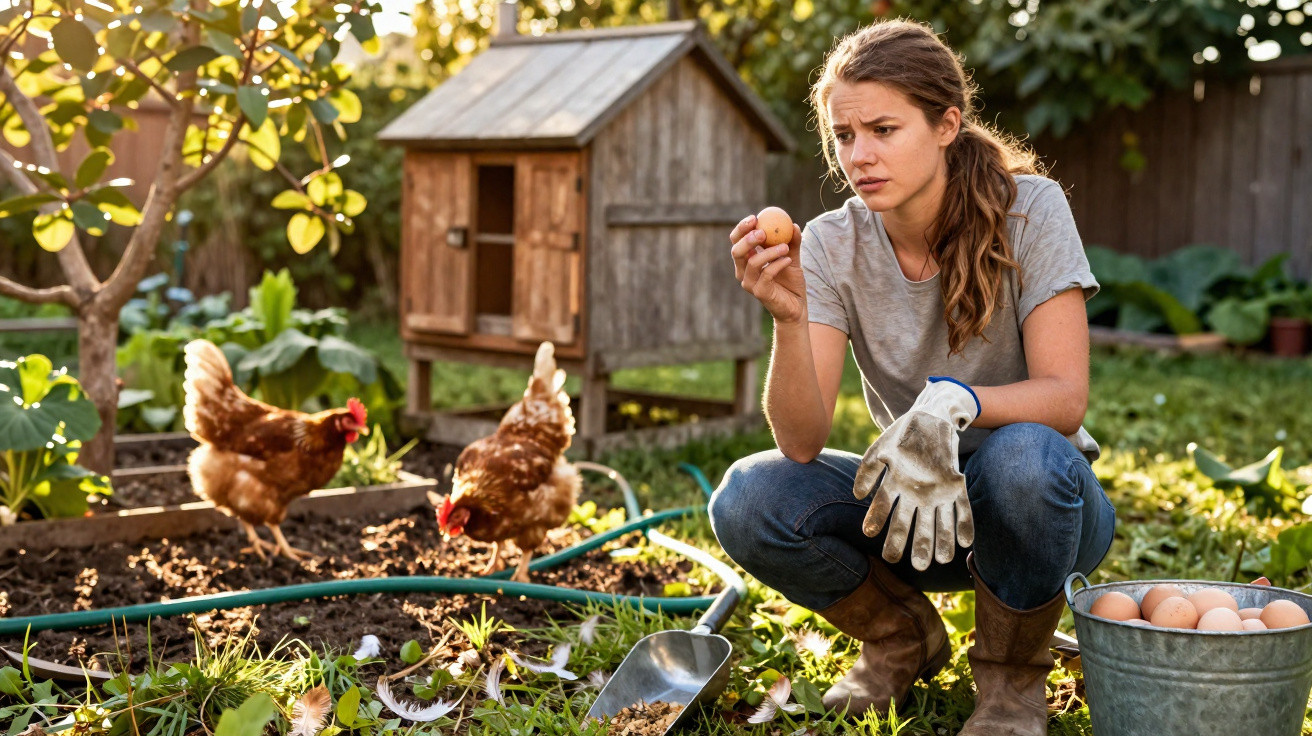 Young woman holding an egg next to chickens and a coop in a sunlit garden with gardening tools nearby