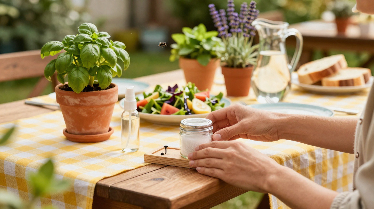 Hands placing a small jar on a wooden table with potted herbs, a salad, and a jug of water in a garden setting