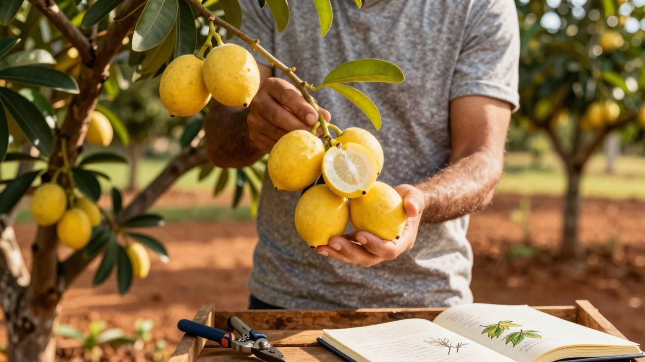 Person holding a branch of ripe yellow fruits with a cut fruit showing segments, next to an open botanical book outdoors.