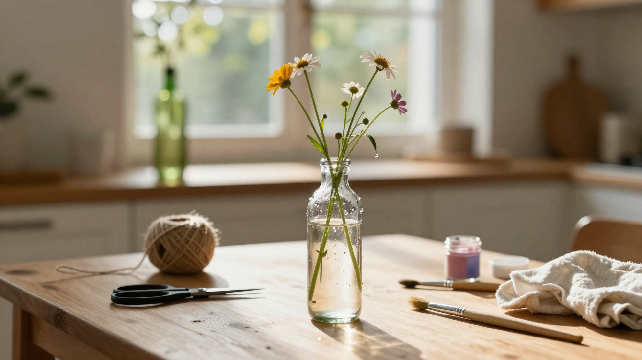 Glass bottle with wildflowers on a wooden table with scissors, string, paintbrushes, and cloth in a sunlit kitchen.