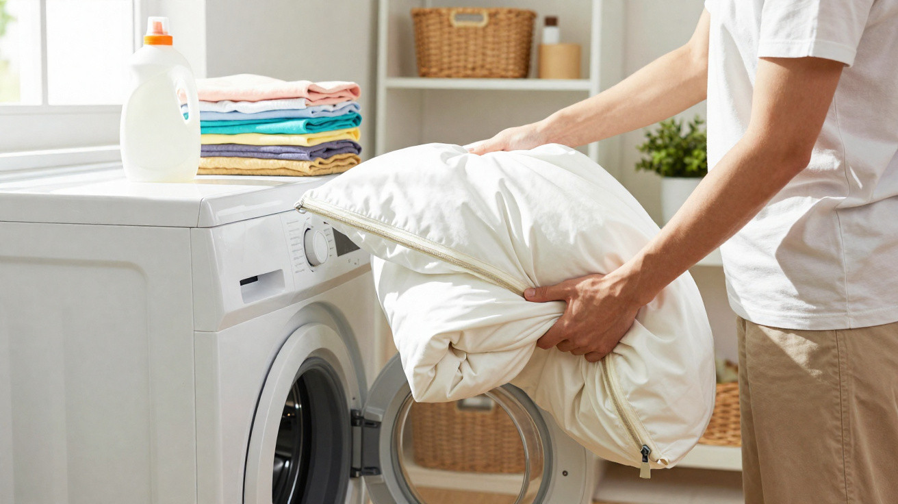 Person loading a white duvet cover into a front-loading washing machine in a bright laundry room.