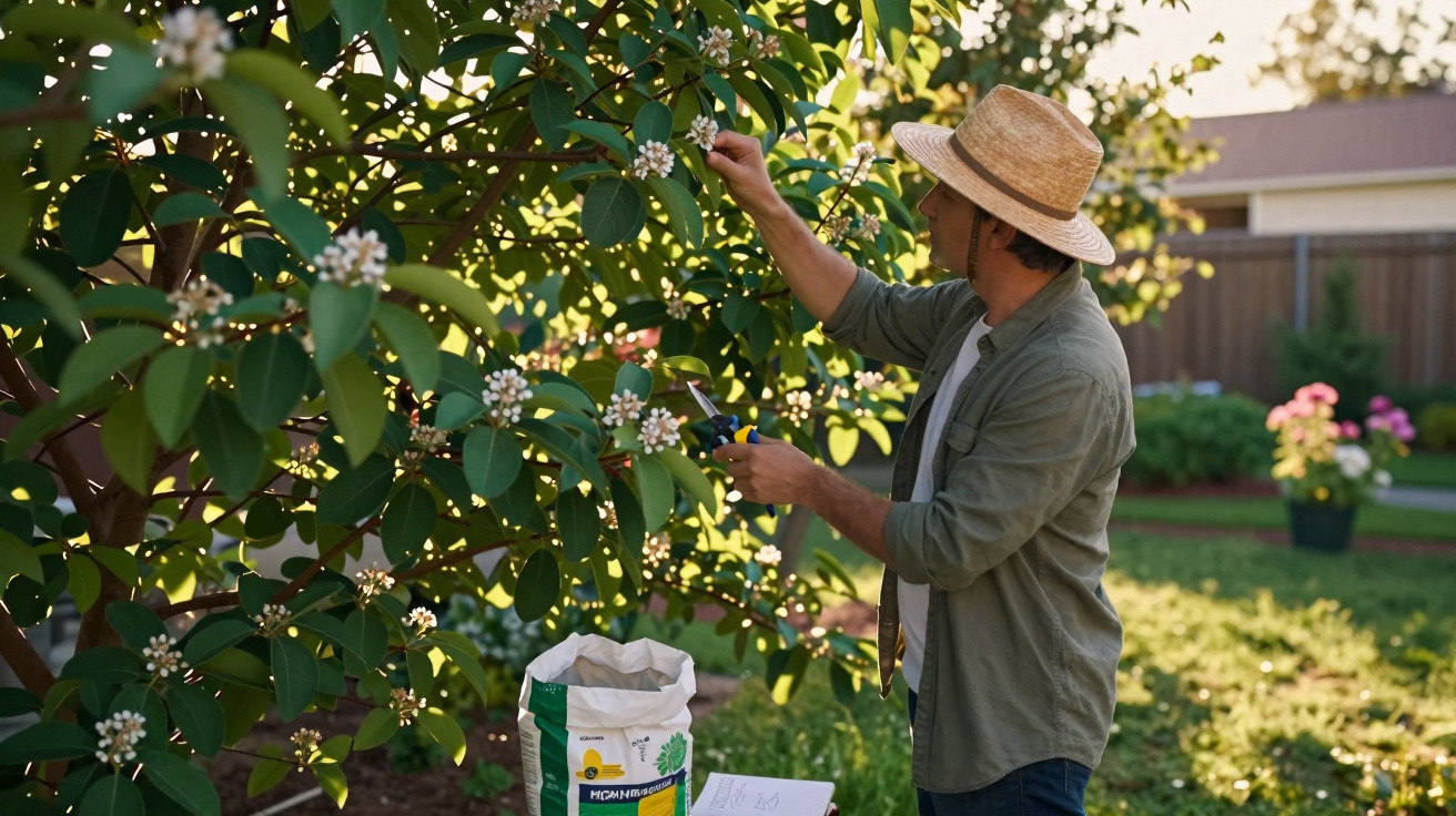 Man wearing a straw hat pruning a flowering tree in a sunlit garden with gardening supplies nearby.