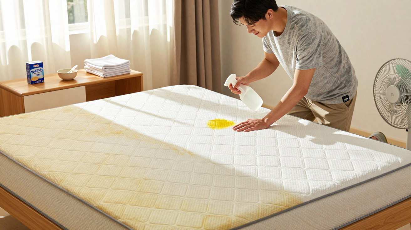 Man spraying cleaner on stained mattress in a bright bedroom with sunlight and fan nearby.