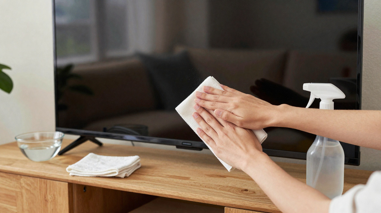 Person cleaning a flat-screen TV with a white cloth and spray bottle on a wooden media console.