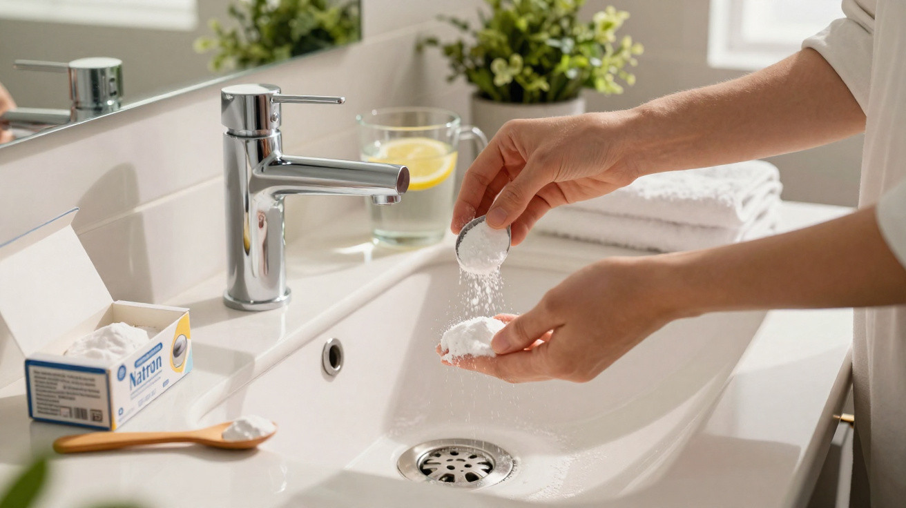 Hands sprinkling baking soda over a sink with a box of Natron on the side and a glass of lemon water nearby.