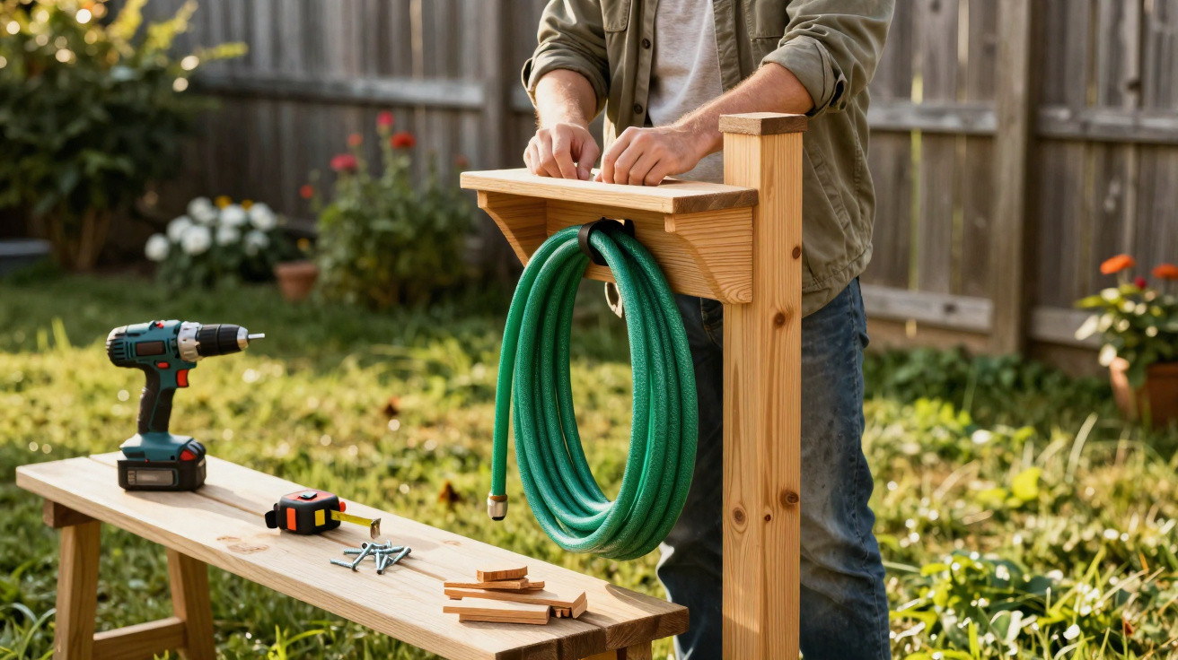 Person assembling a wooden outdoor hose holder with a green garden hose coiled on it in a sunny backyard.