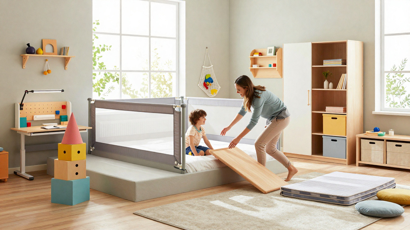 Woman helping a child climb onto a bed with a safety rail in a bright, organised children's bedroom.