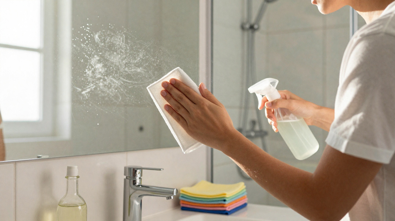 Person cleaning a bathroom mirror with spray bottle and cloth next to a sink and colourful cloth stack.
