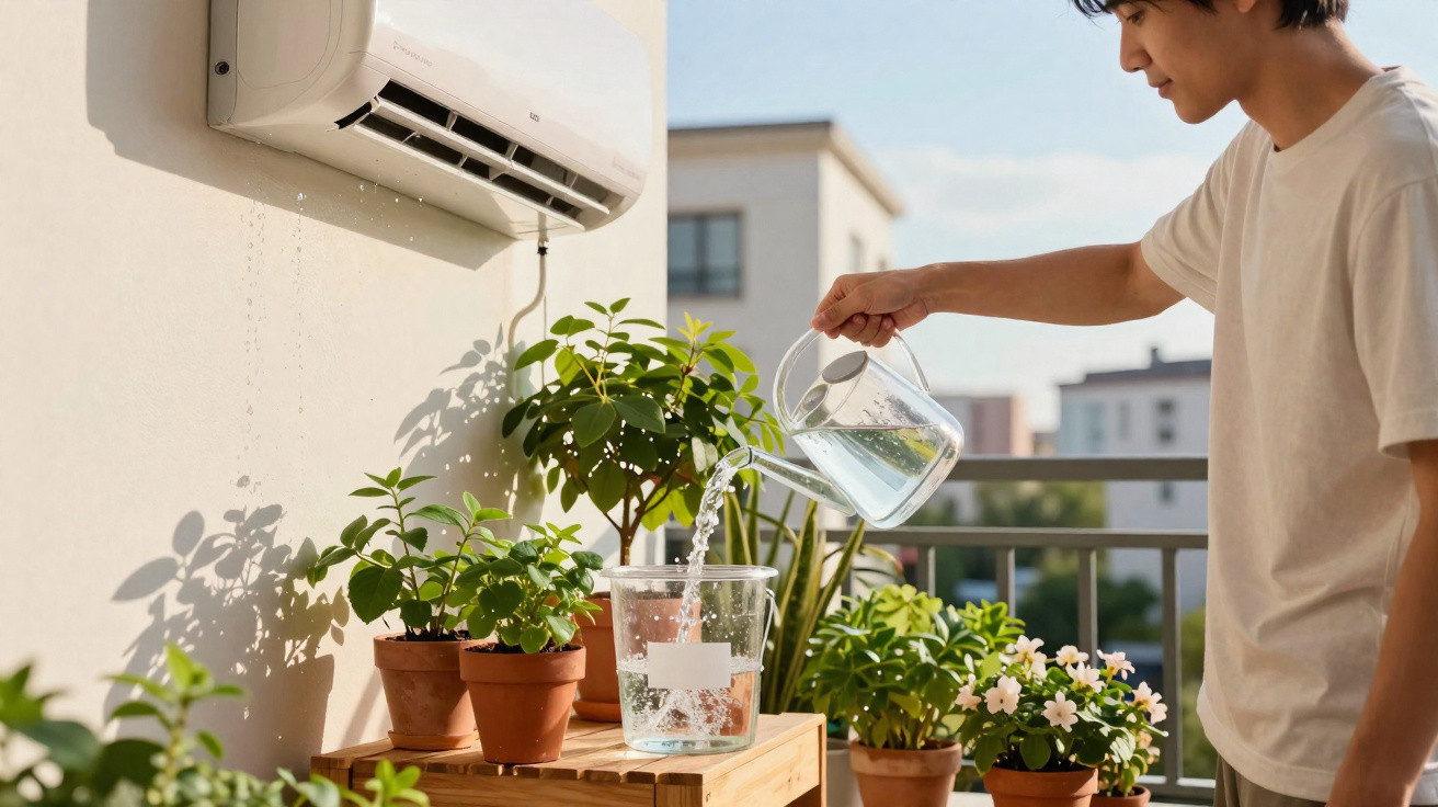 Young man collecting water from an outdoor air conditioner drip into a clear container on a balcony with potted plants.