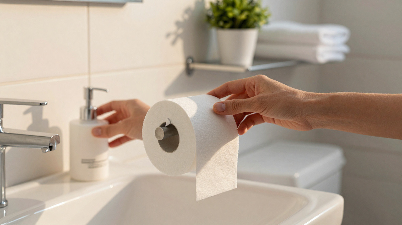 Hand holding a roll of toilet paper above a bathroom sink with soap dispenser and towels in the background.