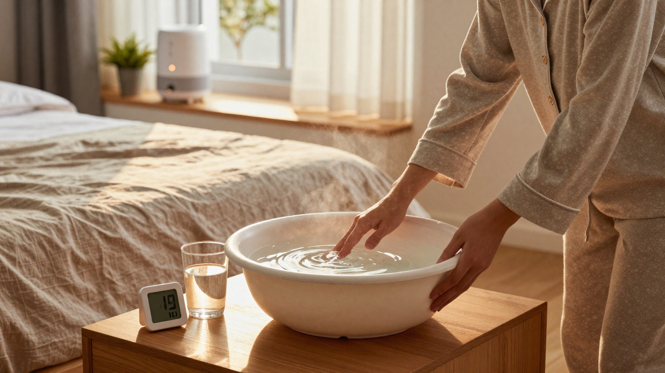Person dipping finger into a white basin of water on a wooden bedside table in a sunlit bedroom.