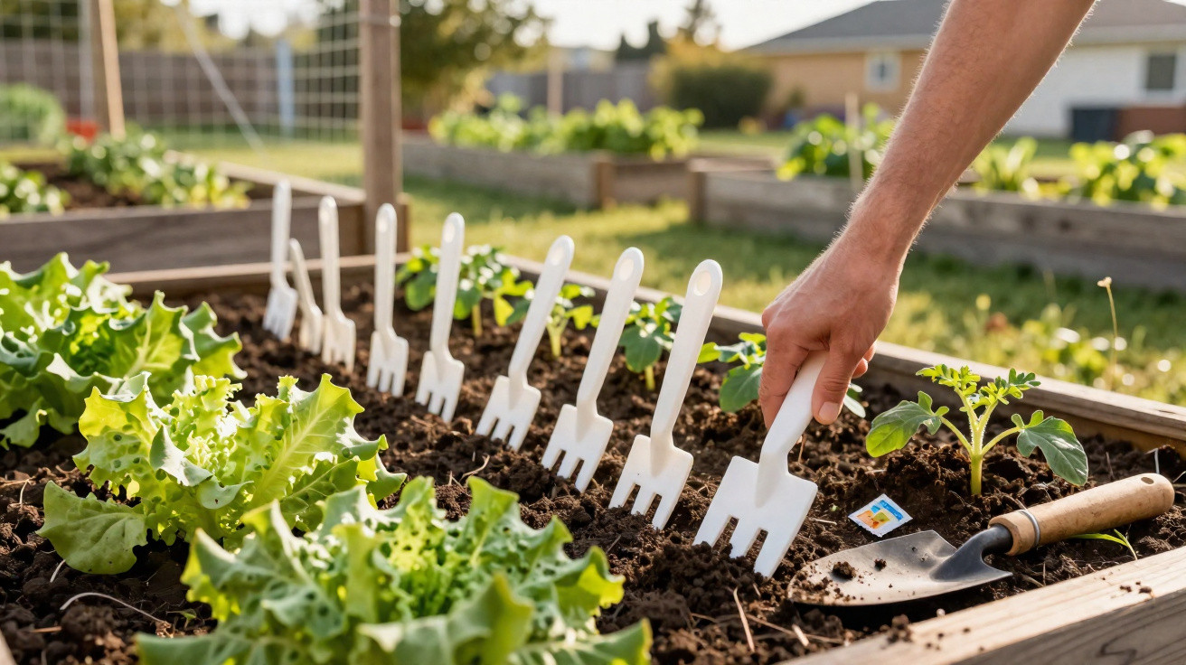 Hand placing white plastic garden marker forks in soil of a raised vegetable garden bed with plants.