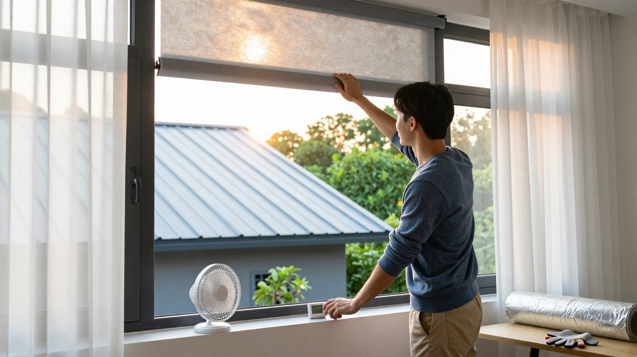 Young man opening a roller blind on a large window overlooking trees and a neighbouring roof at sunset.