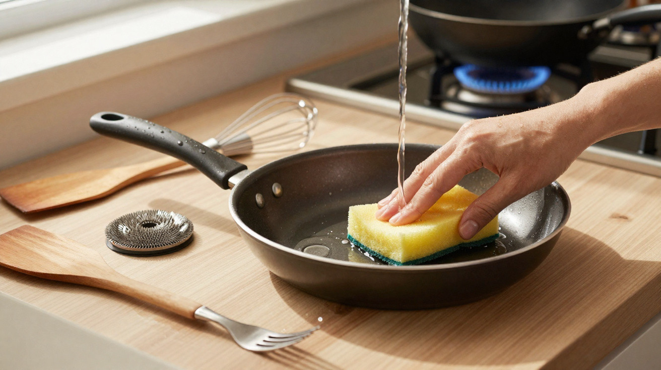 Hand pressing a yellow sponge in a frying pan under running water on a wooden kitchen countertop.